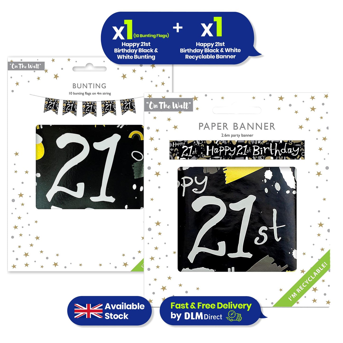 Black and White 21st Birthday Banner and Bunting Decor Set for Party Spaces