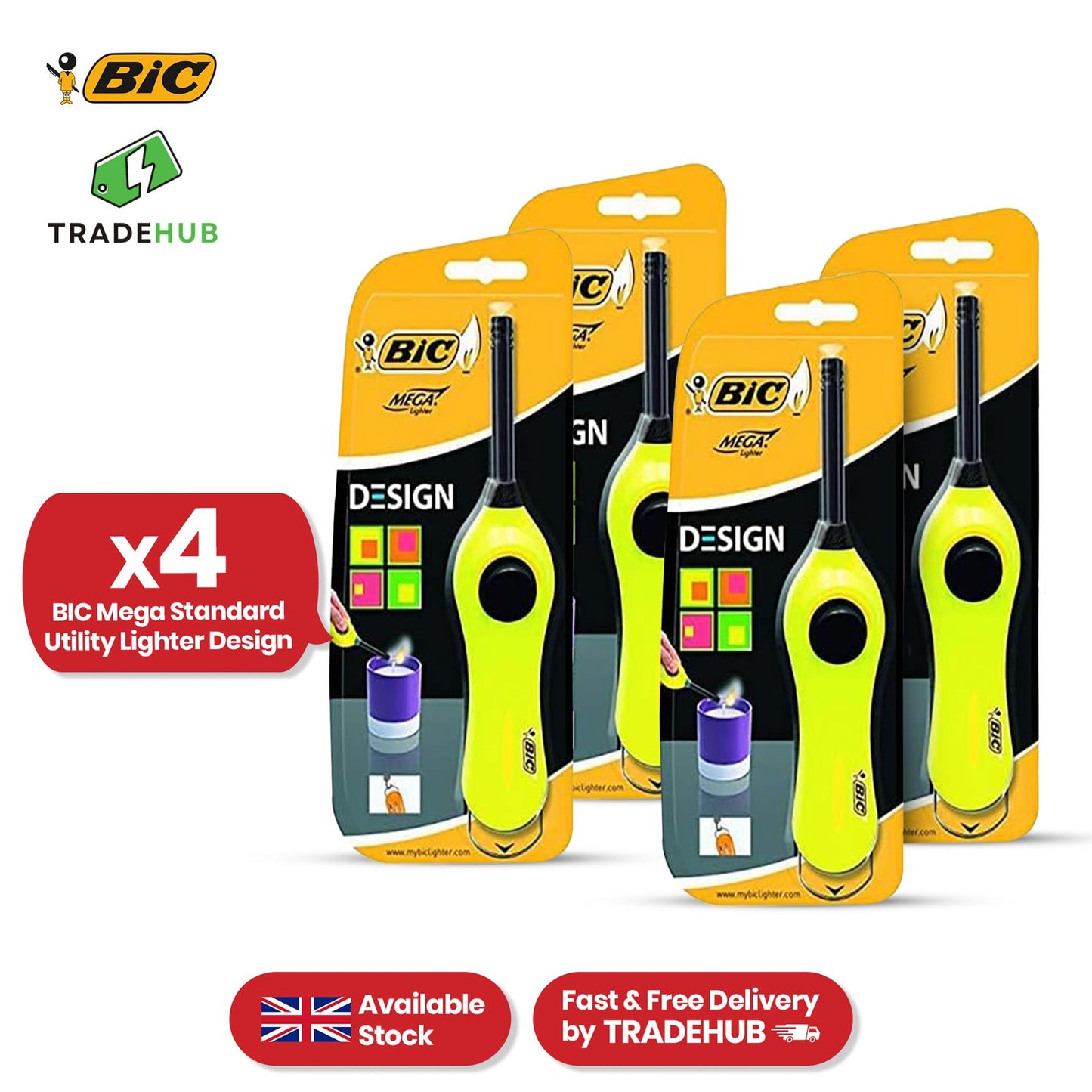 BIC Mega Utility Lighter - Plastic 6cm Wand Cooking Lighter, Push Button Lighters for BBQ