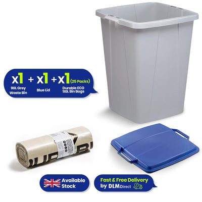 DURABIN 90L Grey Bin with Blue Lid and 25x 110L Recycled Bin Bags for Everyday Use