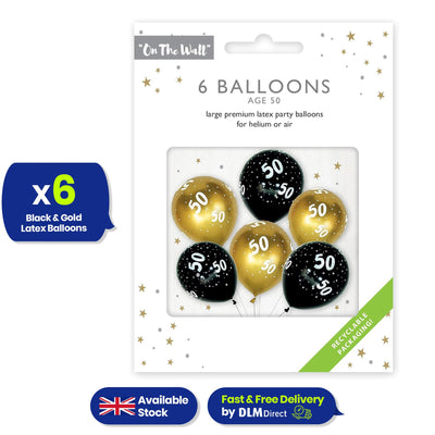 Age 50 Black and Gold 12-inch Latex Balloons - 6 pack