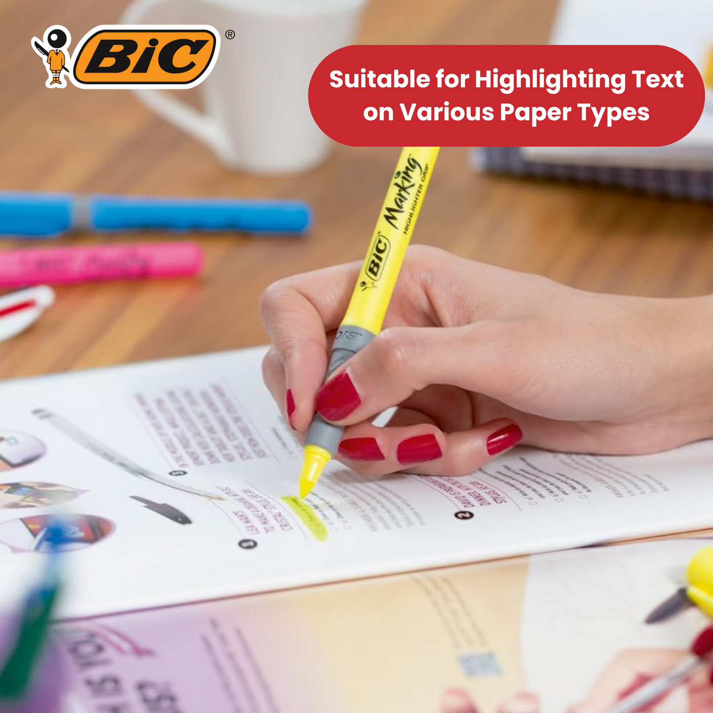 BIC Briteliner Grip Highlighters - Yellow/Blue/Green/Pink (Pack of 4)