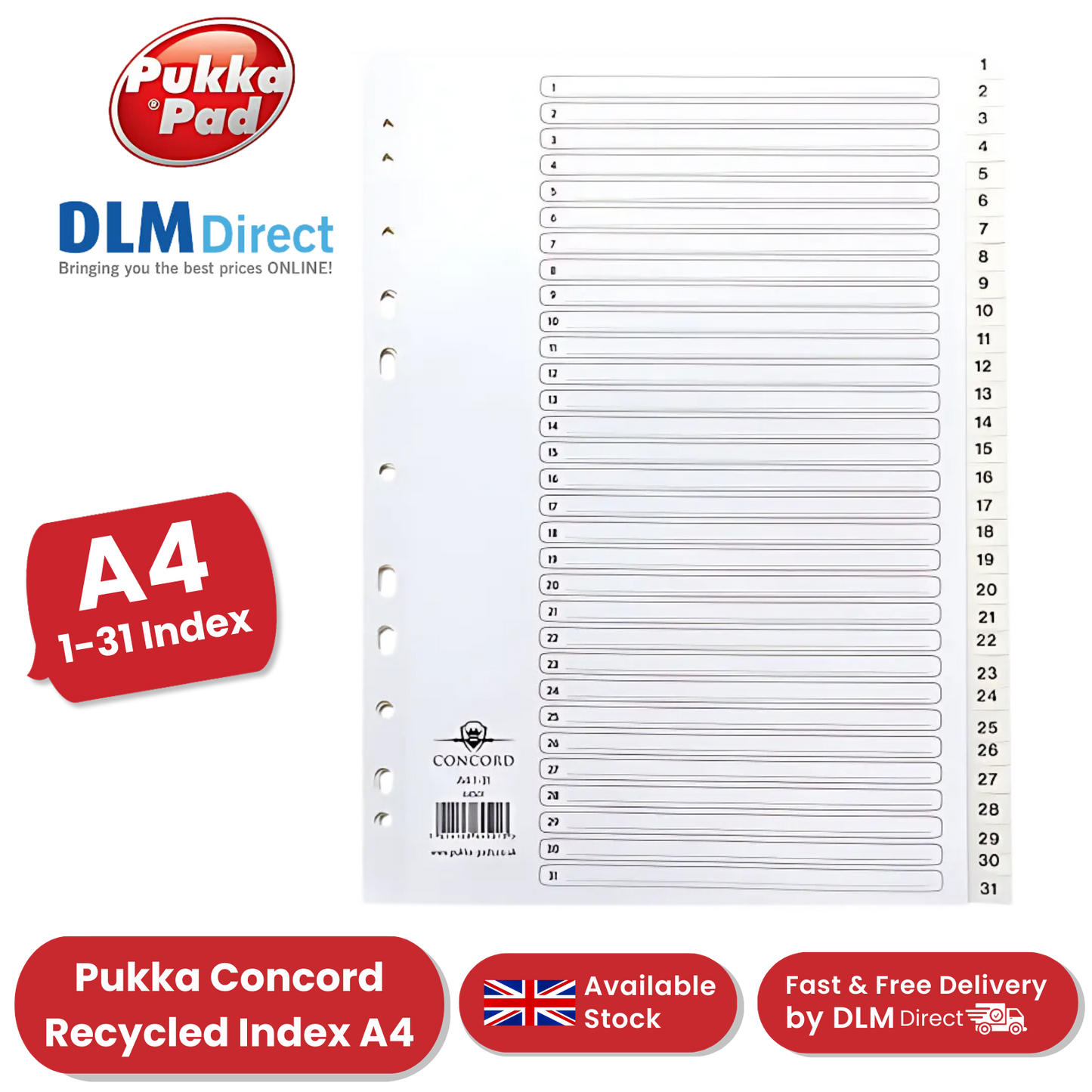 Pukka Concord A4 1-31 Index Recycled Multi-Punched File Tabs Office Organizer