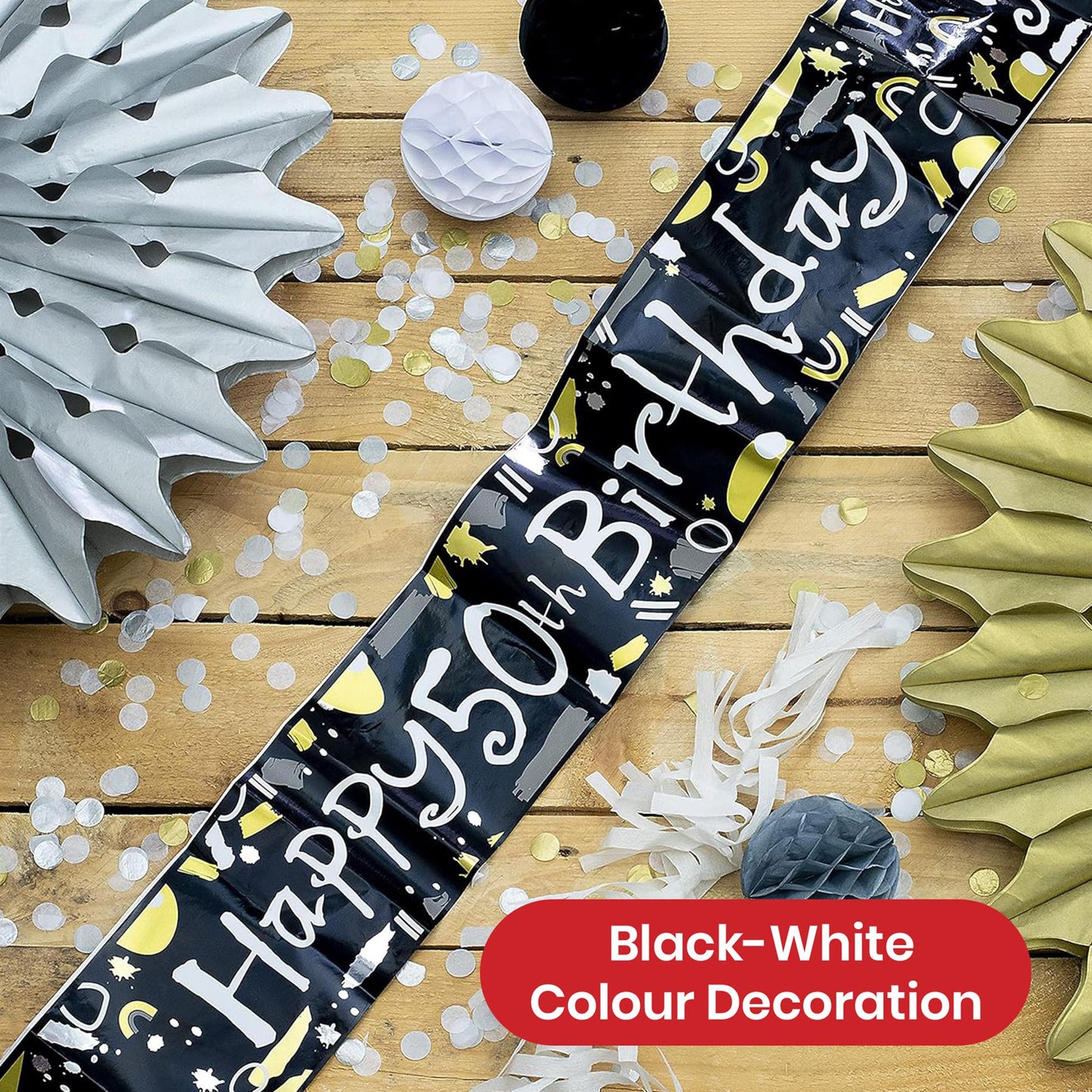 Happy 50th Birthday Black and White Recyclable Banner - 2.6m