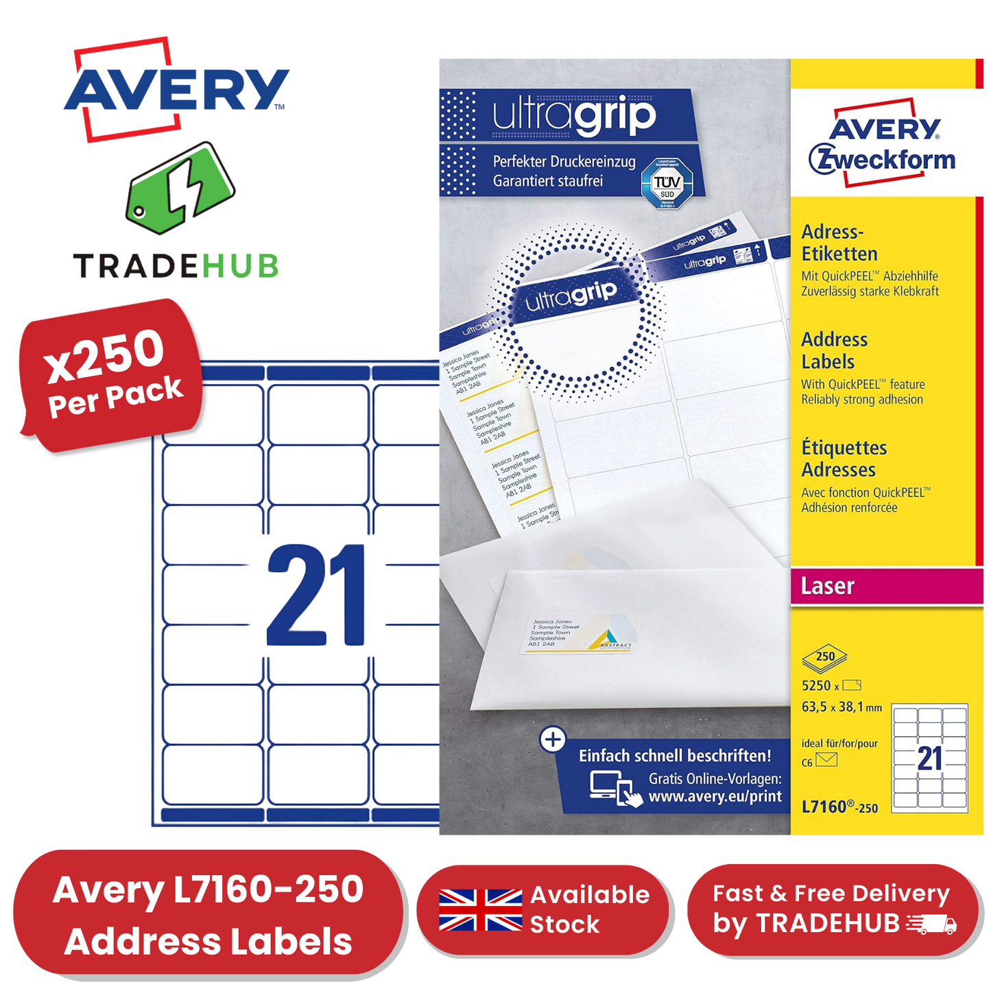 Avery L7160-250 Address Labels, 250 Sheets, 5250 Labels 63.5 x 38.1mm - 1 to 5