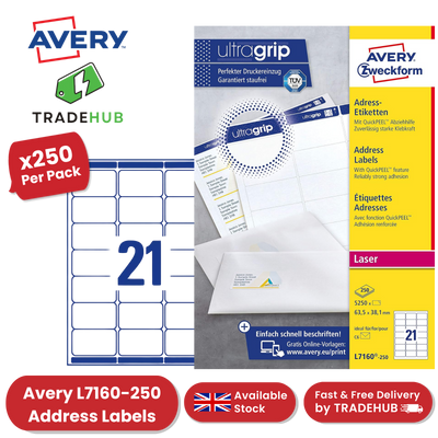 Avery L7160-250 Address Labels, 250 Sheets, 5250 Labels 63.5 x 38.1mm - 1 to 5