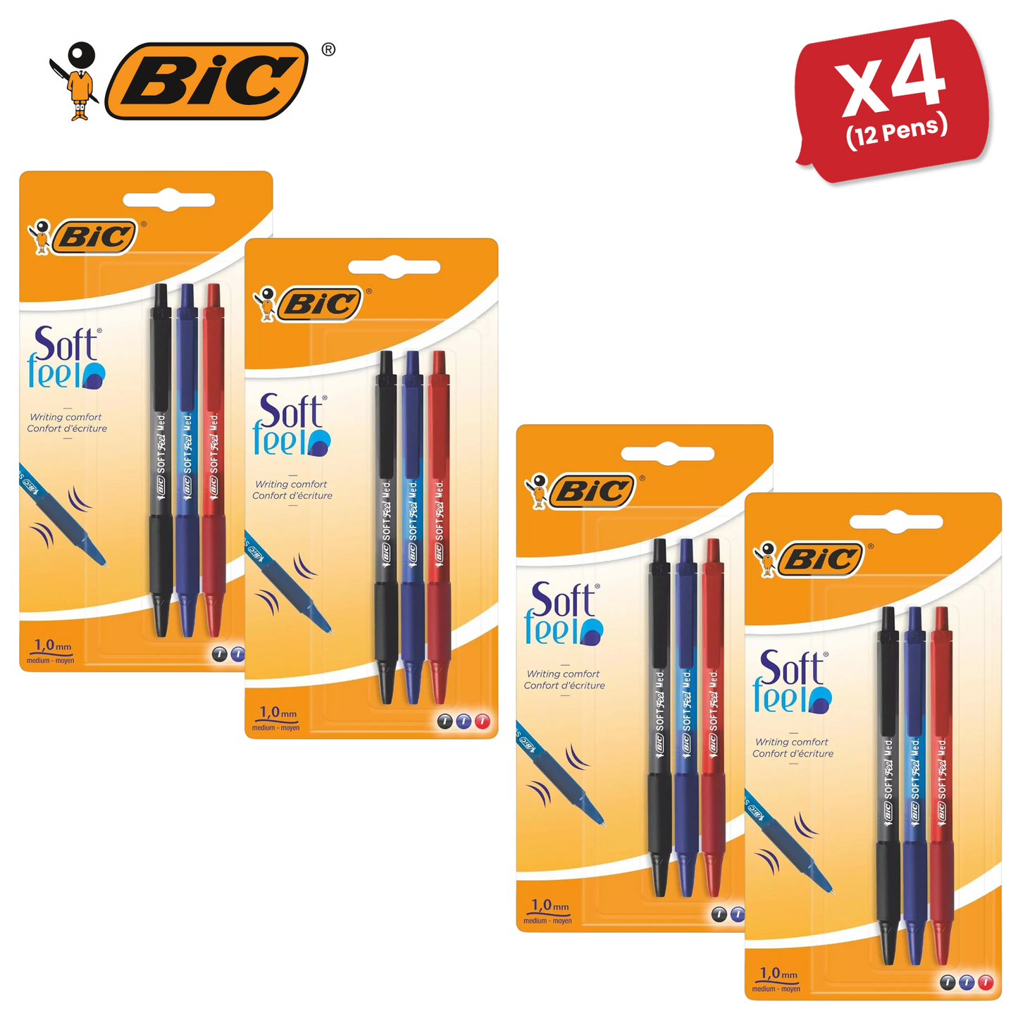 Bic Soft Feel Ballpoint Pens Medium Point (1.0 mm) (Black,Blue,Red), Pack of 3