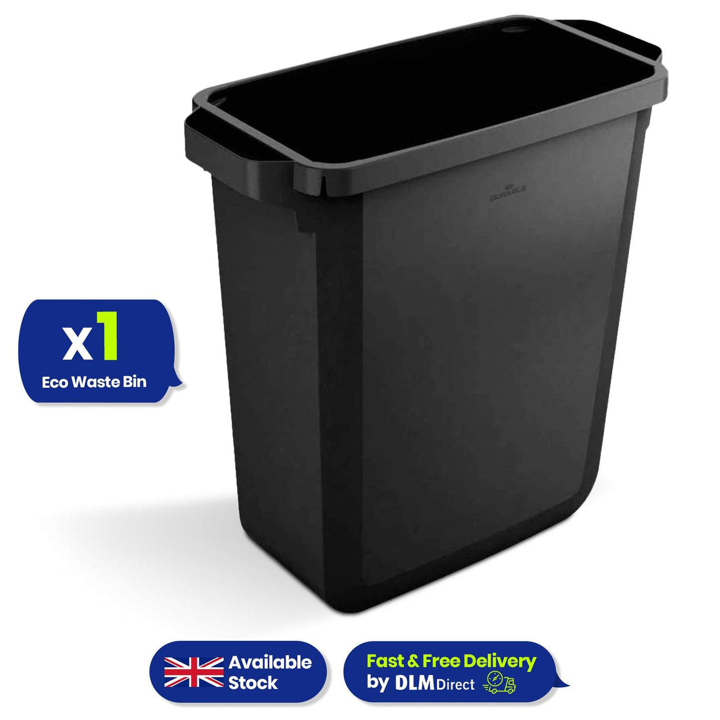 60L Durable DURABIN Black Plastic Waste Bin with Open Top & Handles for Home & Office