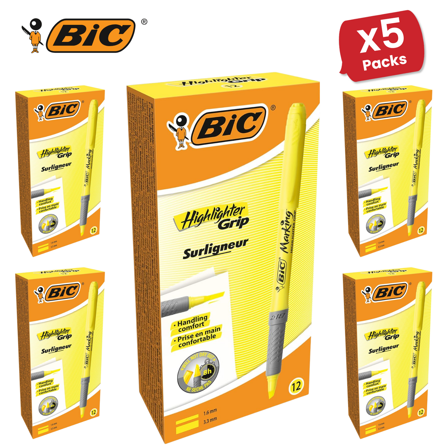 Bic Briteliner Grip Highlighter Pen Yellow - Pack of 12