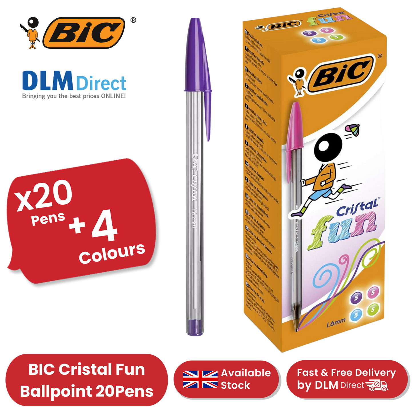 20x BIC Cristal Fun Ballpoint Pens 1.6mm Assorted Colours