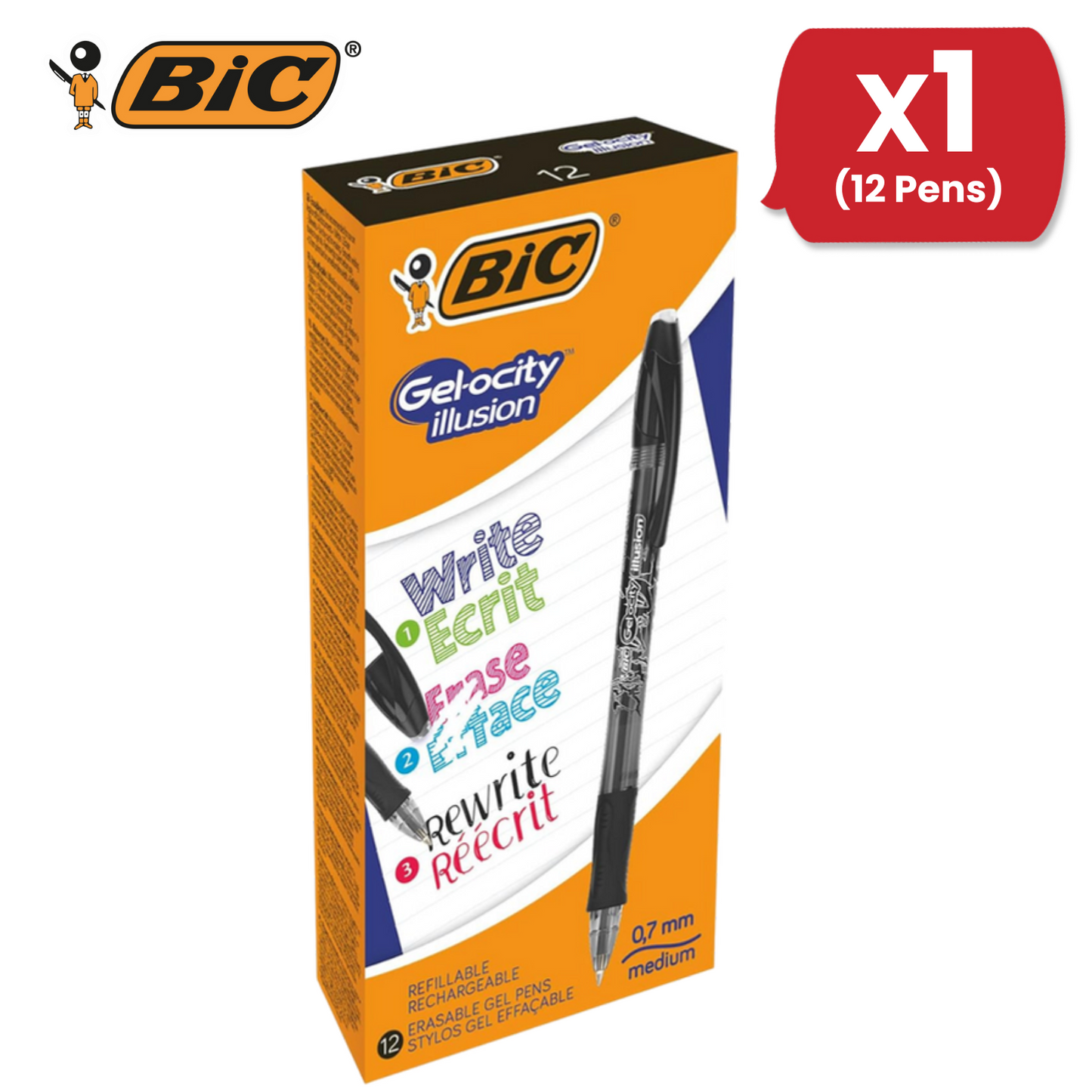 BIC Gel-Ocity Illusion 0.7mm Erasable Gel Pens Black - Pack of 12 Refillable