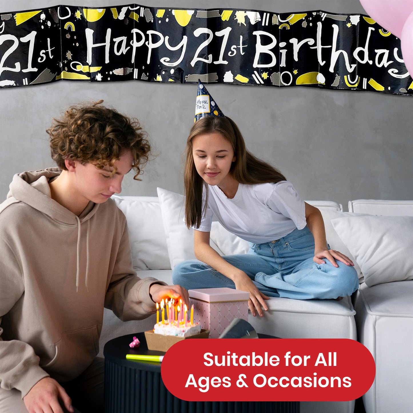 Happy 21st Birthday Black and White Recyclable Banner - 2.6m