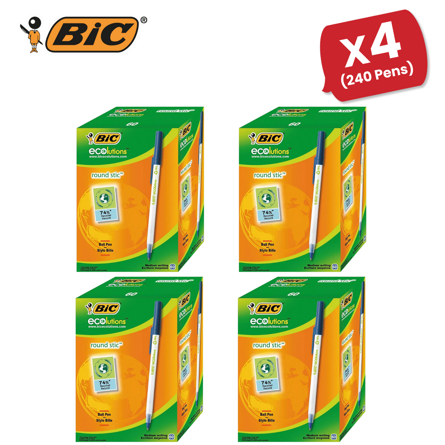 BIC Ecolutions Round Stic Ballpoint Pens - Blue Ink, 1.0mm Tip - Box of 60