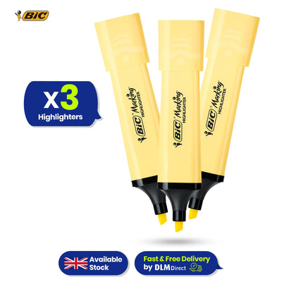 BIC 3x  Marking Highlighter Flat Pastel Yellow Modular Tip for Precise Highlighting