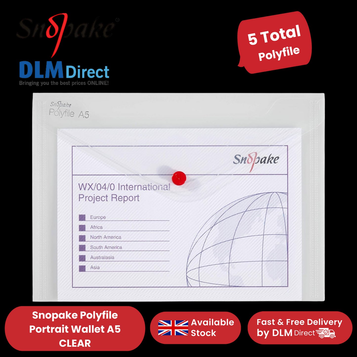 Snopake A5 Clear Polyfile Wallets - Strong & Reliable Document Holders Pack of 5