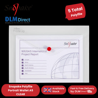 Snopake A5 Clear Polyfile Wallets - Strong & Reliable Document Holders Pack of 5