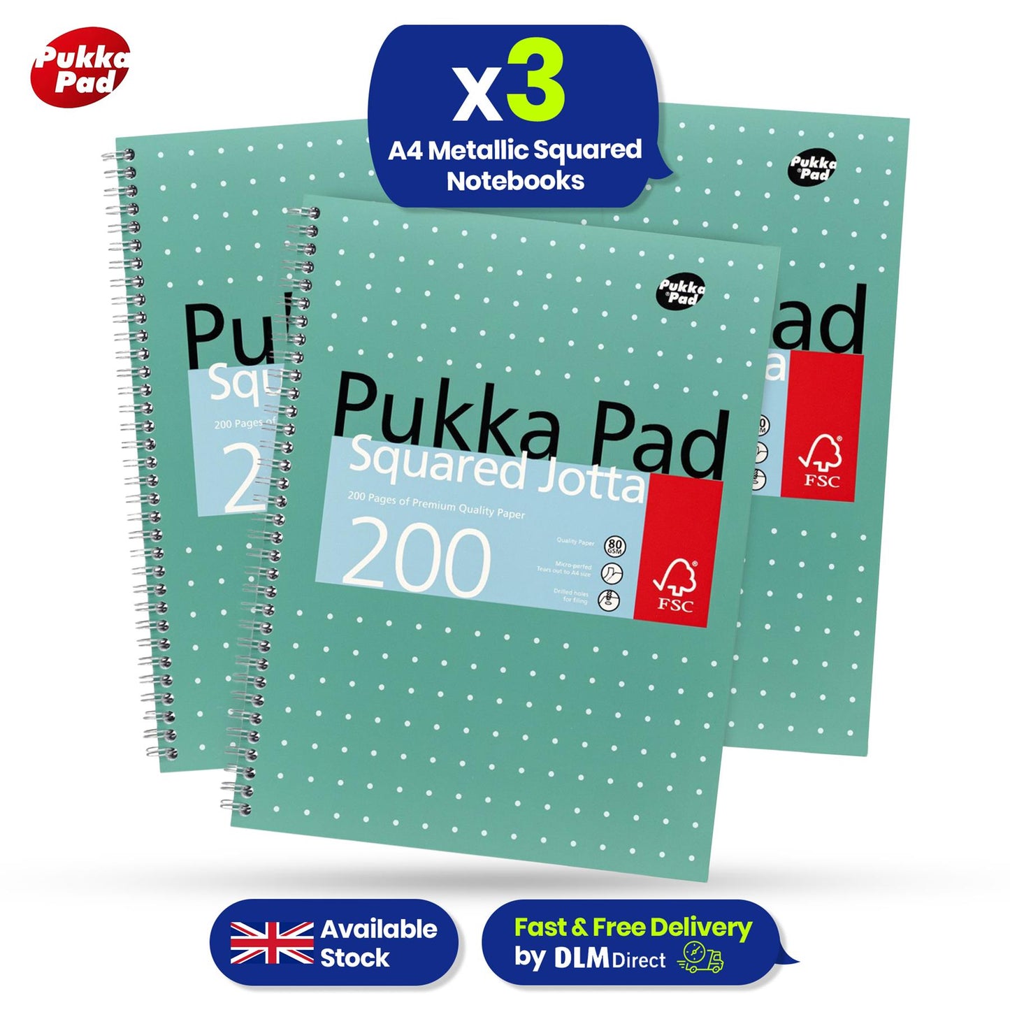 3x Pukka Pad A4 Metallic Squared & Lined Notebooks 200 Pages 80GSM Wirebound