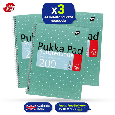 3x Pukka Pad A4 Metallic Squared & Lined Notebooks 200 Pages 80GSM Wirebound
