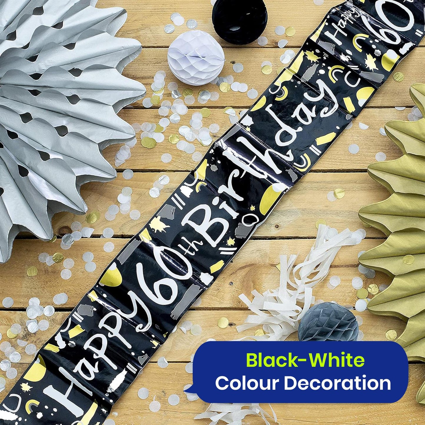 Happy 60th Birthday Black and White Banner 2.6m Party Decor for Milestone Celebration
