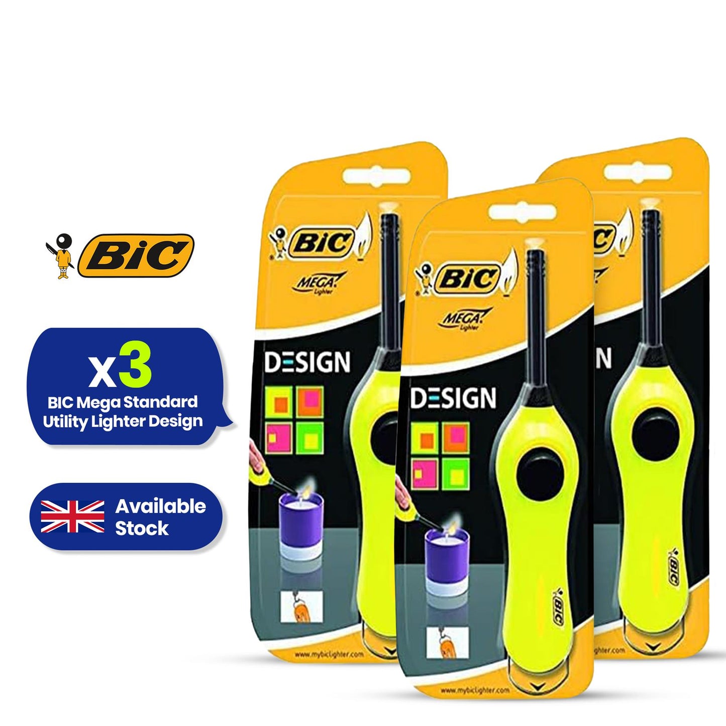 BIC Mega Utility Lighter - Plastic 6cm Wand Cooking Lighter, Push Button Lighters for BBQ