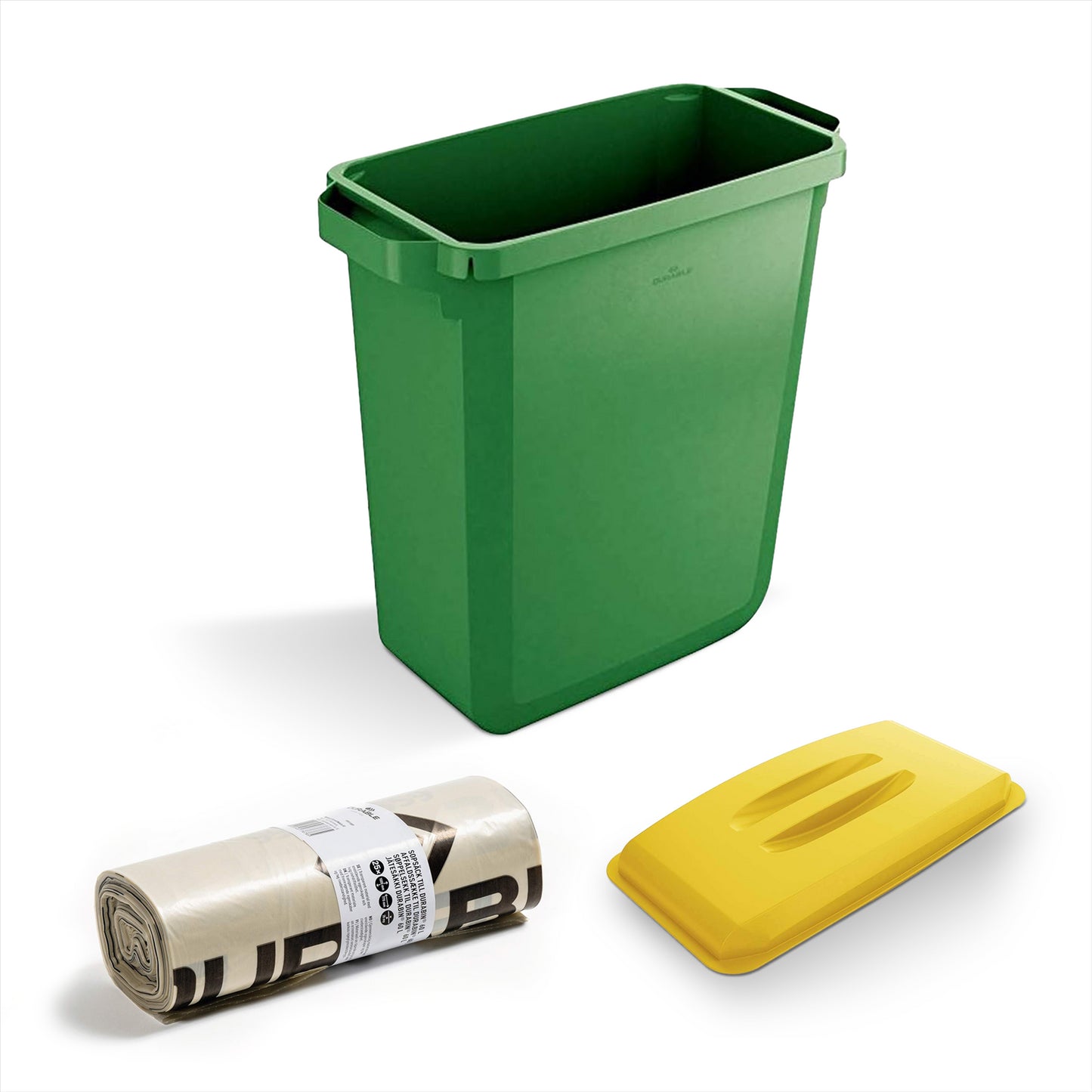 DURABIN 60L Green Bin Set & Yellow Lid and 25x 110L Recycled Bin Bags