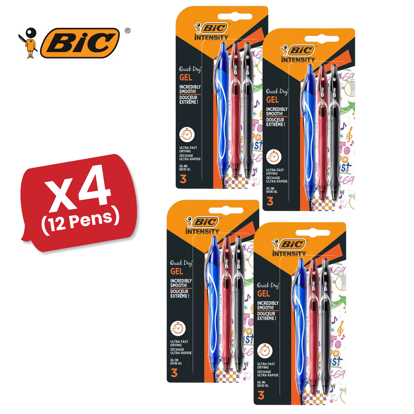 BIC Gel-ocity Quick Drying Gel Pen, Assorted Colours, 3 Pack