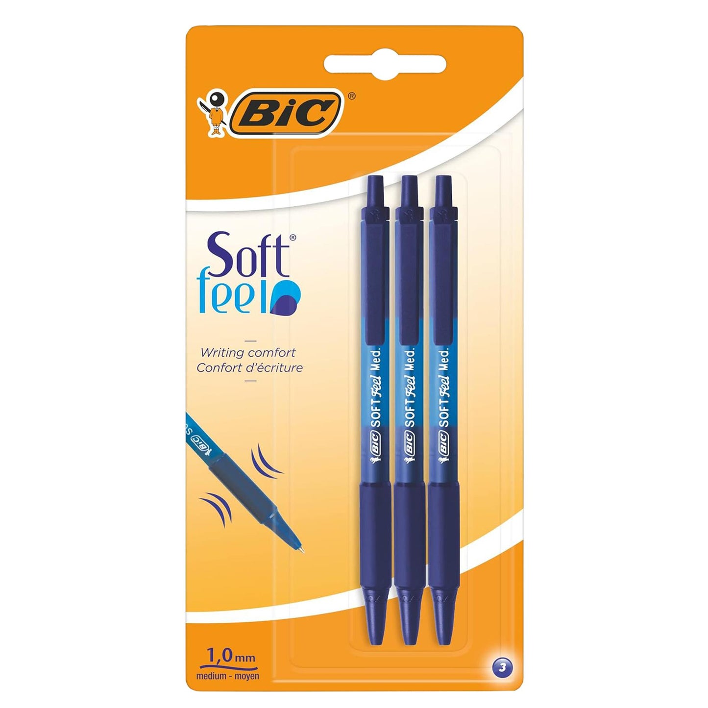 BIC Soft Feel Clic Grip Pens Pack of 3 Blue Ballpoint Pens with 1mm Tip