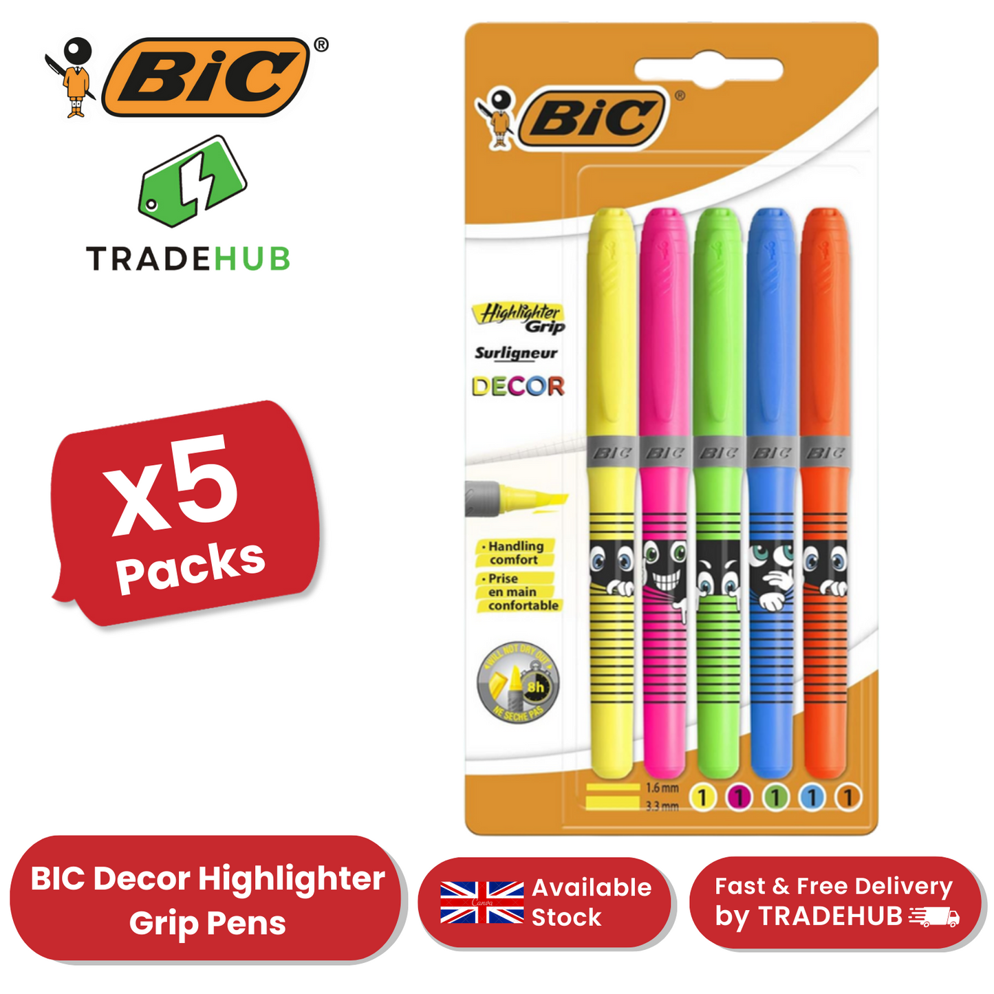 BIC Highlighter Grip Decor Highlighter Pens Adjustable Chisel Tip - 1 to 5