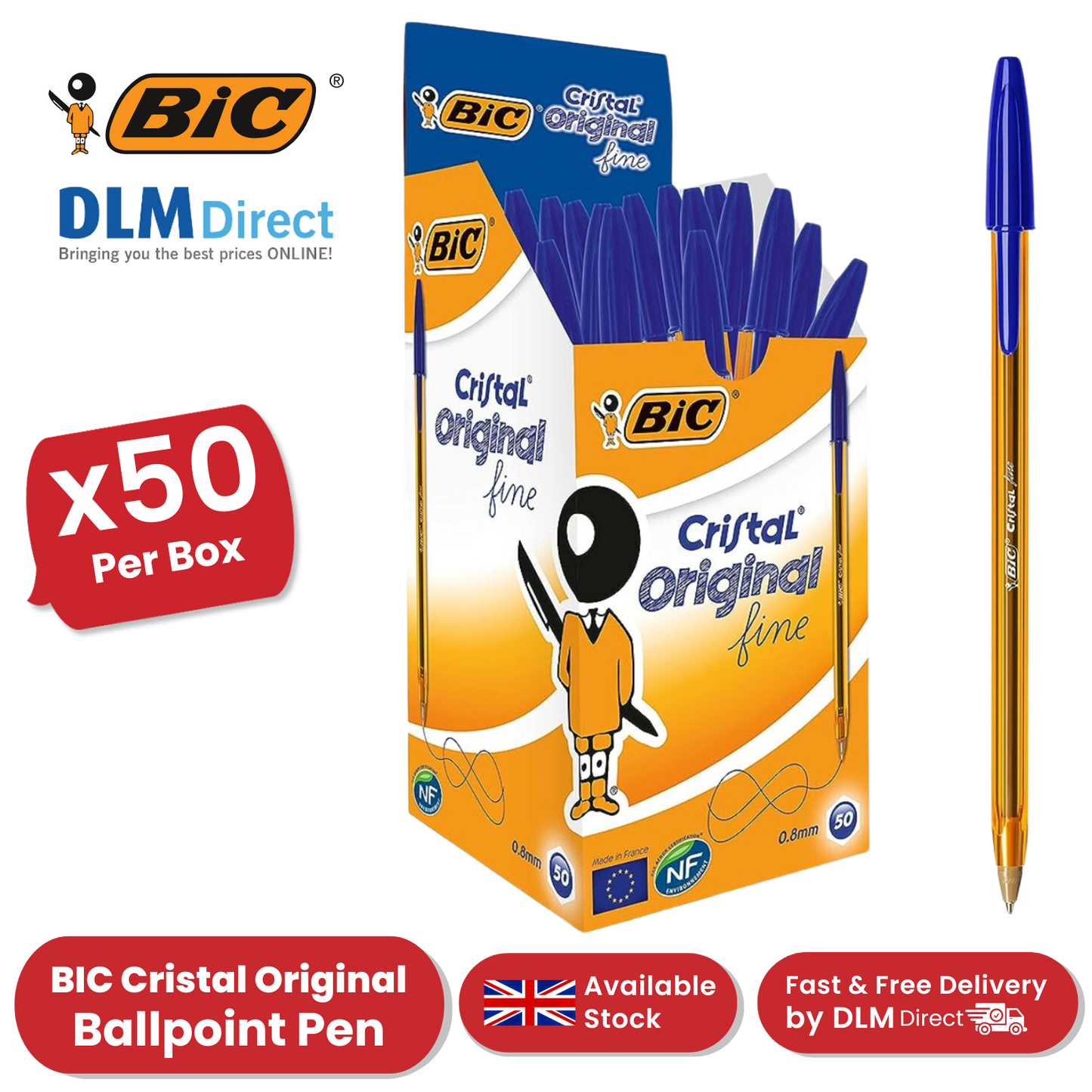 BIC CRISTAL FINE BALL POINT PEN BLUE - PACK OF 50 - 1 to 5 Packs