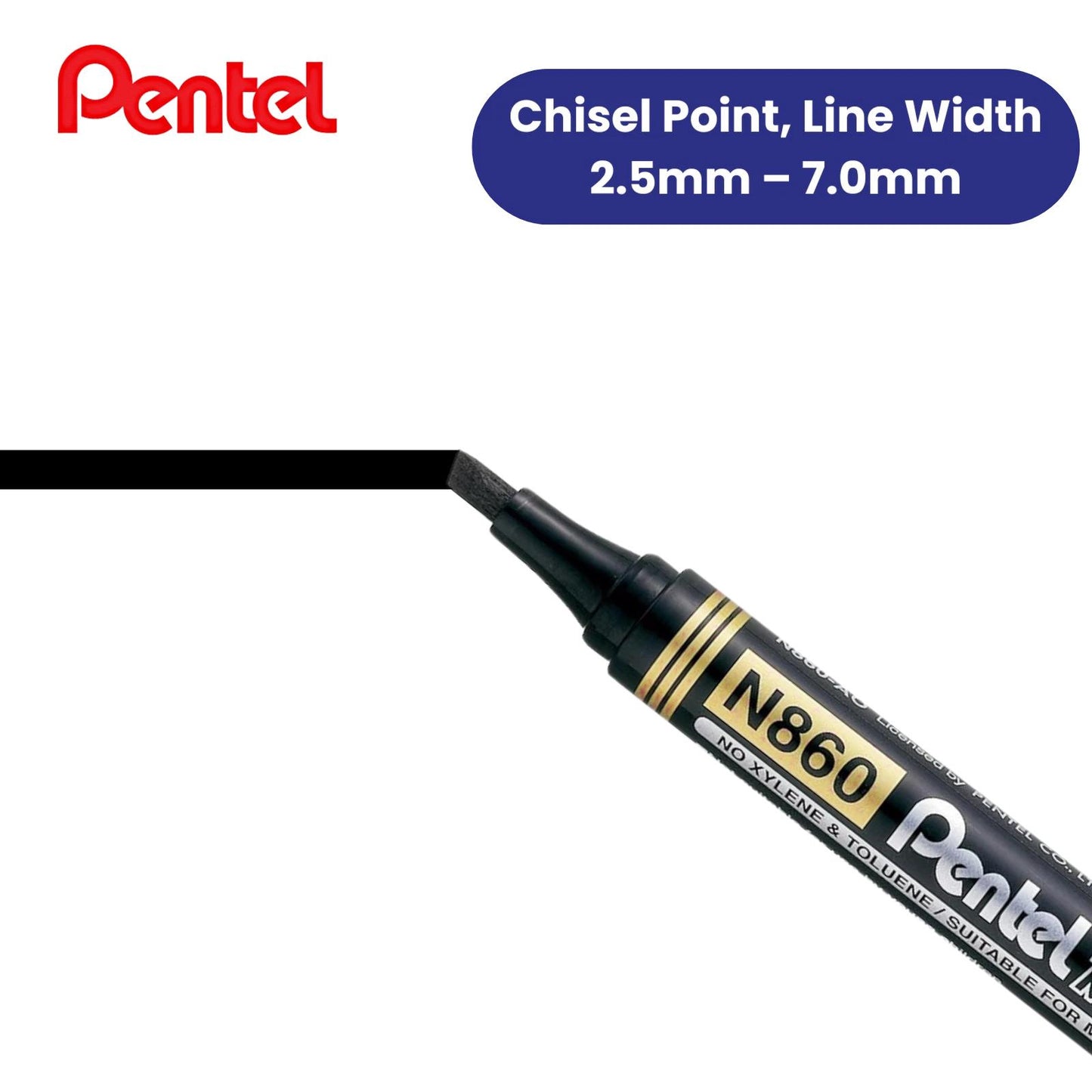 Pentel N860 PERMANENT CHISEL MARKER BLACK - Pack of 12
