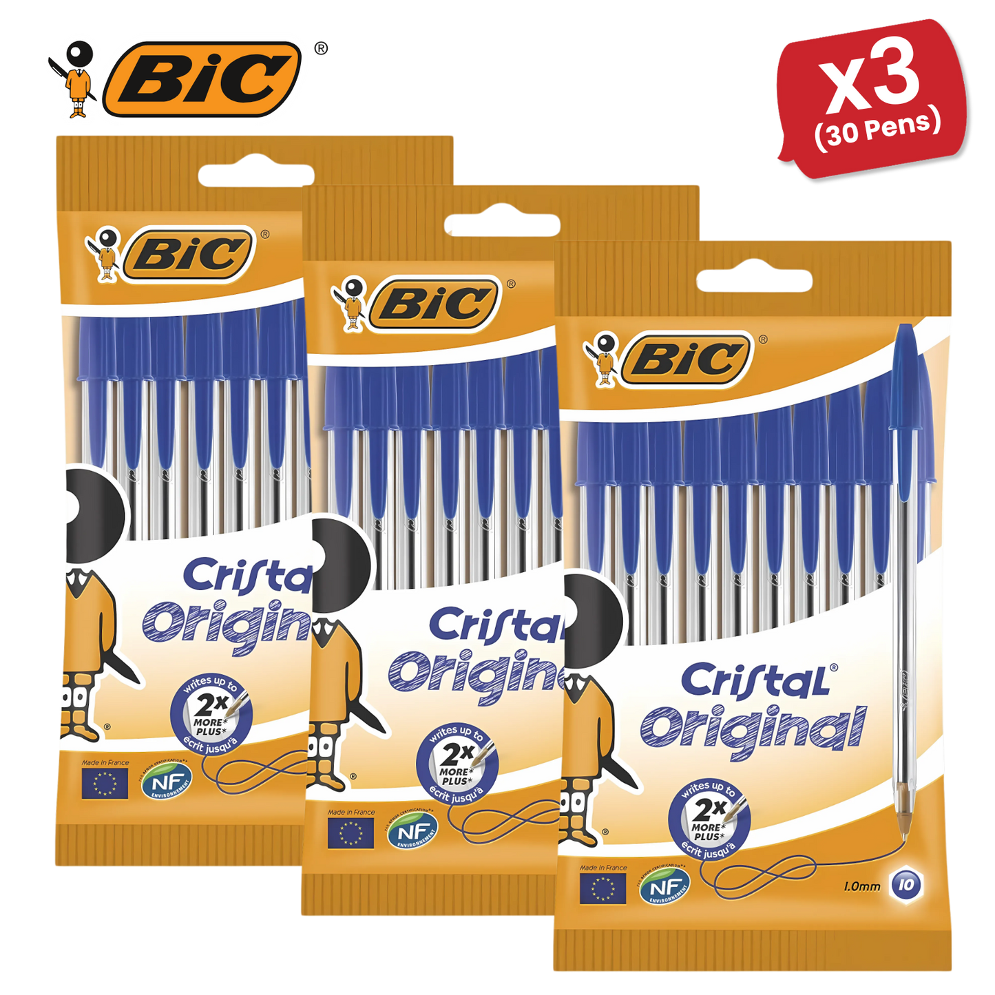 BIC Cristal Original Ballpoint Pens Medium Point (1.0 mm) Blue, Pouch of 8 - 1-5