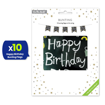 Happy Birthday Black and White Bunting Hanging Decoration- 4 metres long with 10 flags, ready to be hung straight from the pack, suitable for any Birthday Celebration