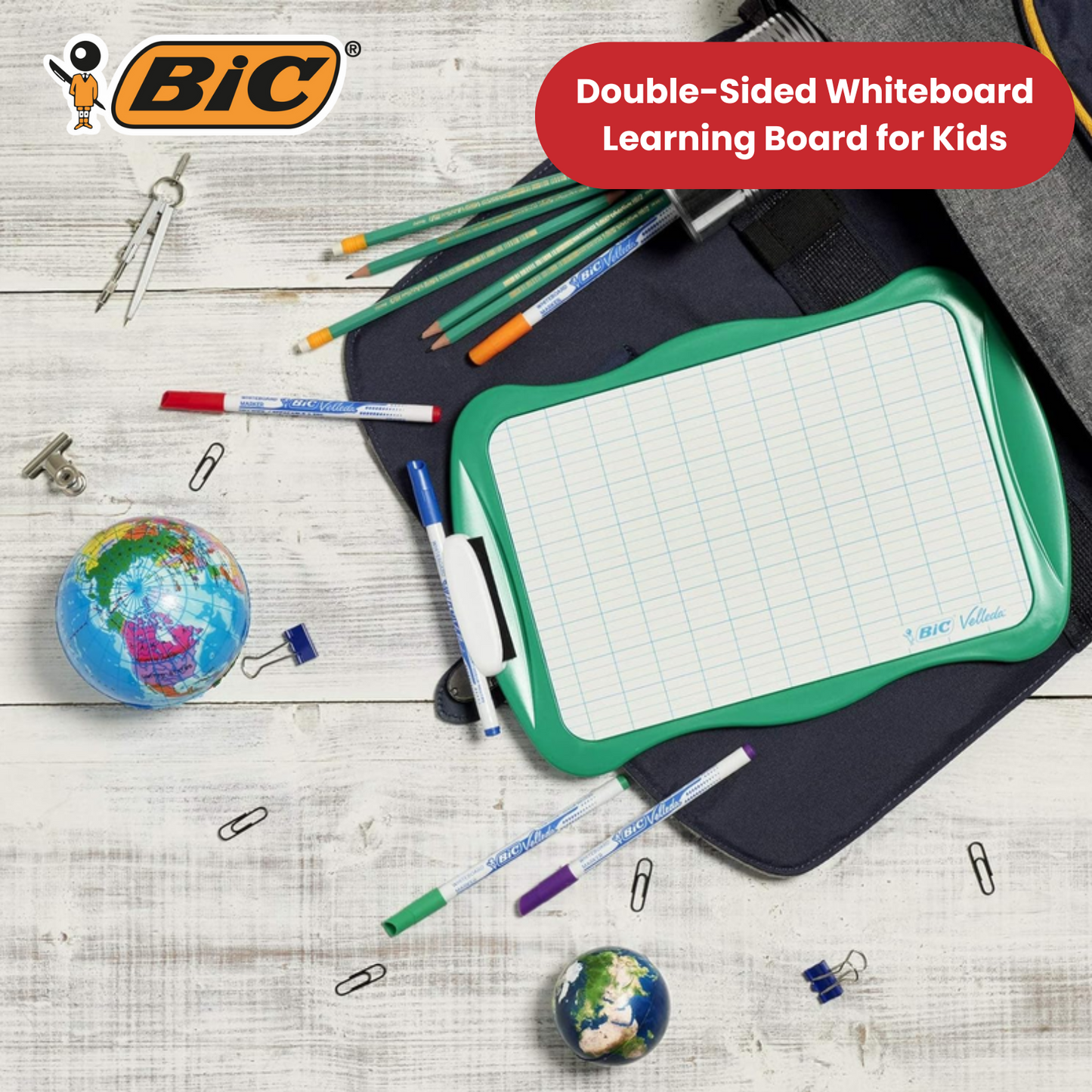 BIC Velleda Double-sided Whiteboard (21 x 31cm) with 2 Dry Erase Pens -2 to 36