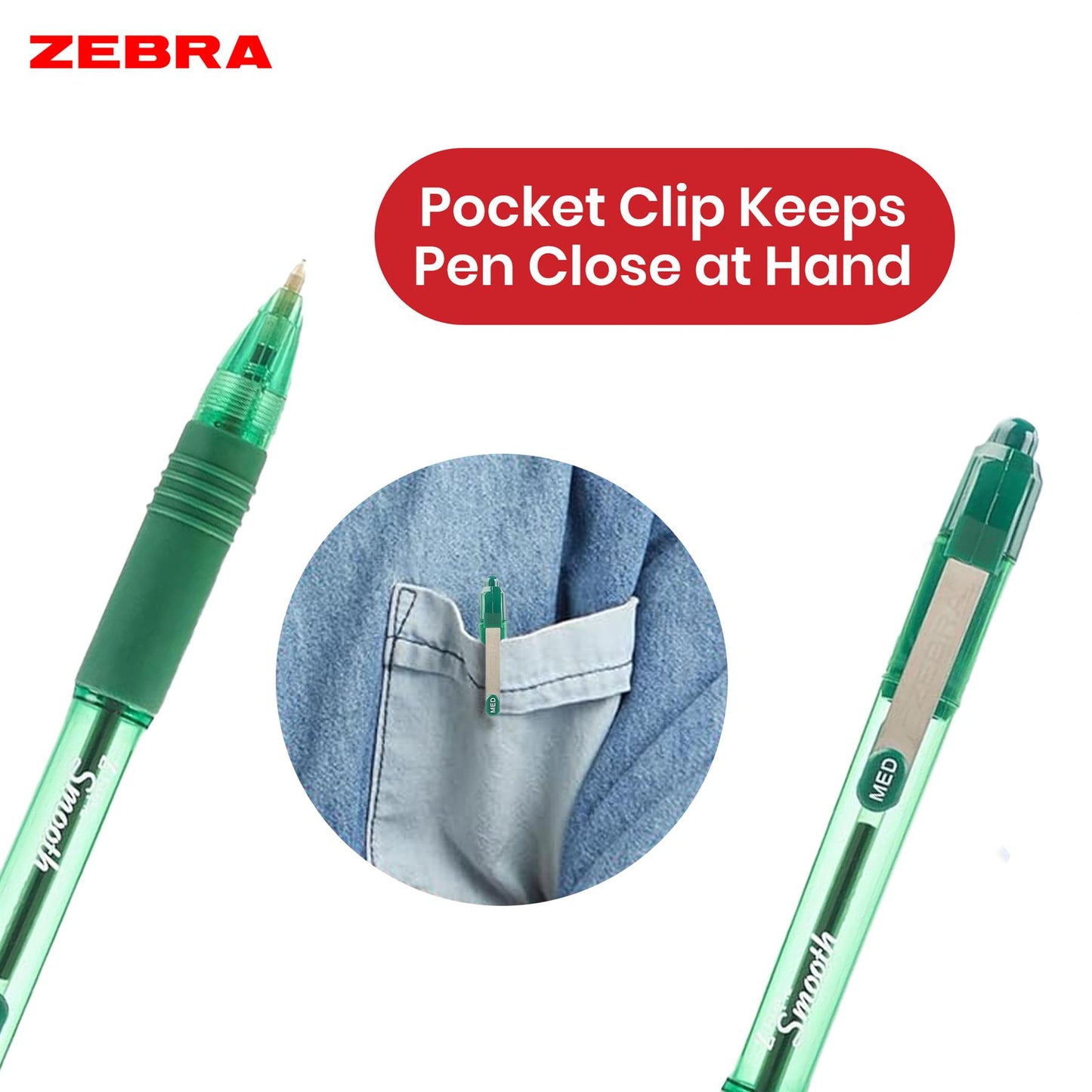 Zebra Smooth Ballpoint Pen Green Z Grip Retractable Pen 1.0mm Medium Point Biro for School Office (Pack of 12)