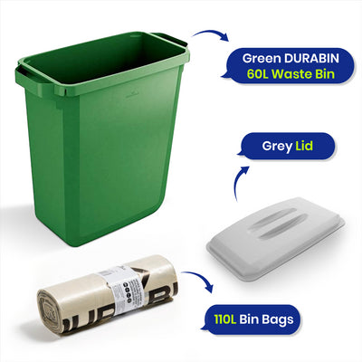 Durable DURABIN 60 Green+ Durable DURABIN Lid Eco Grey for 60 Litre Waste Bin + Durable ECO 110L Bin Bags 100% Recycled