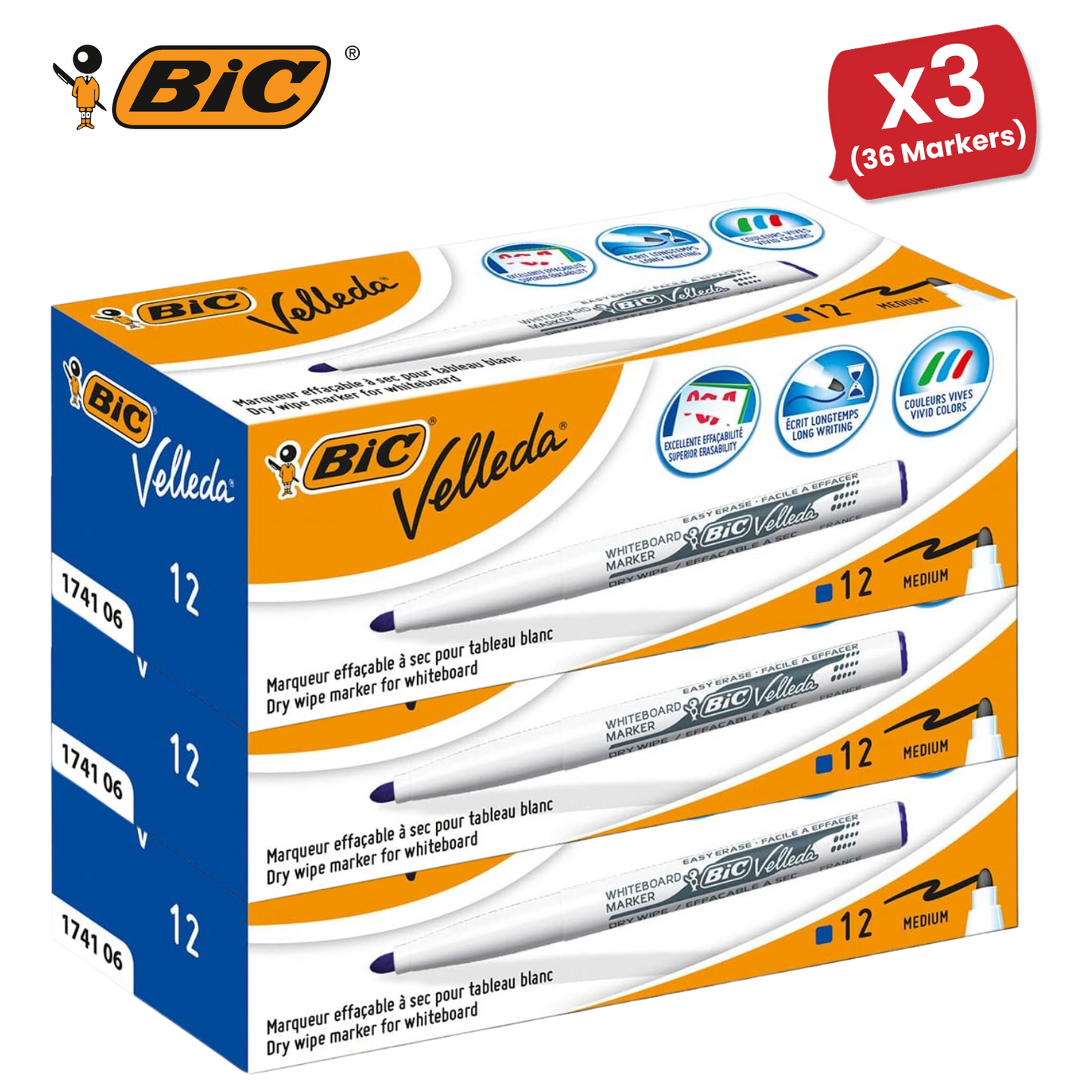 Bic Velleda 1741 Whiteboard Drywipe Markers Blue  - Box of 12 - 1 to 5 Packs