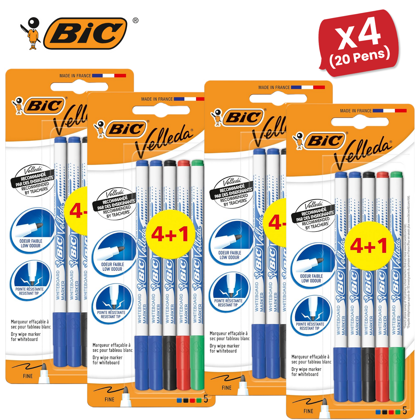 BIC Velleda 1721 Whiteboard Markers – 4+1 Pack, Assorted Colours, Smooth Writing