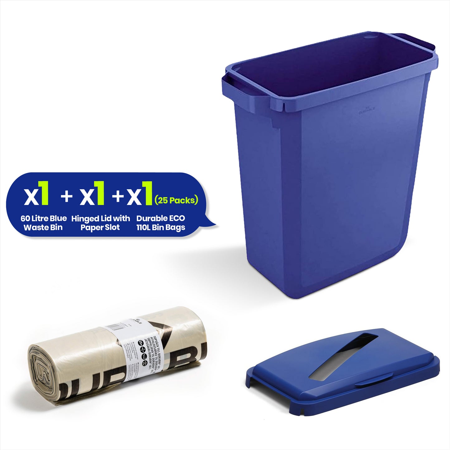 DURABIN 60L Blue Bin Set & Blue Hinged Lid with Paper Slot & 25x 110L Eco Bin Bags