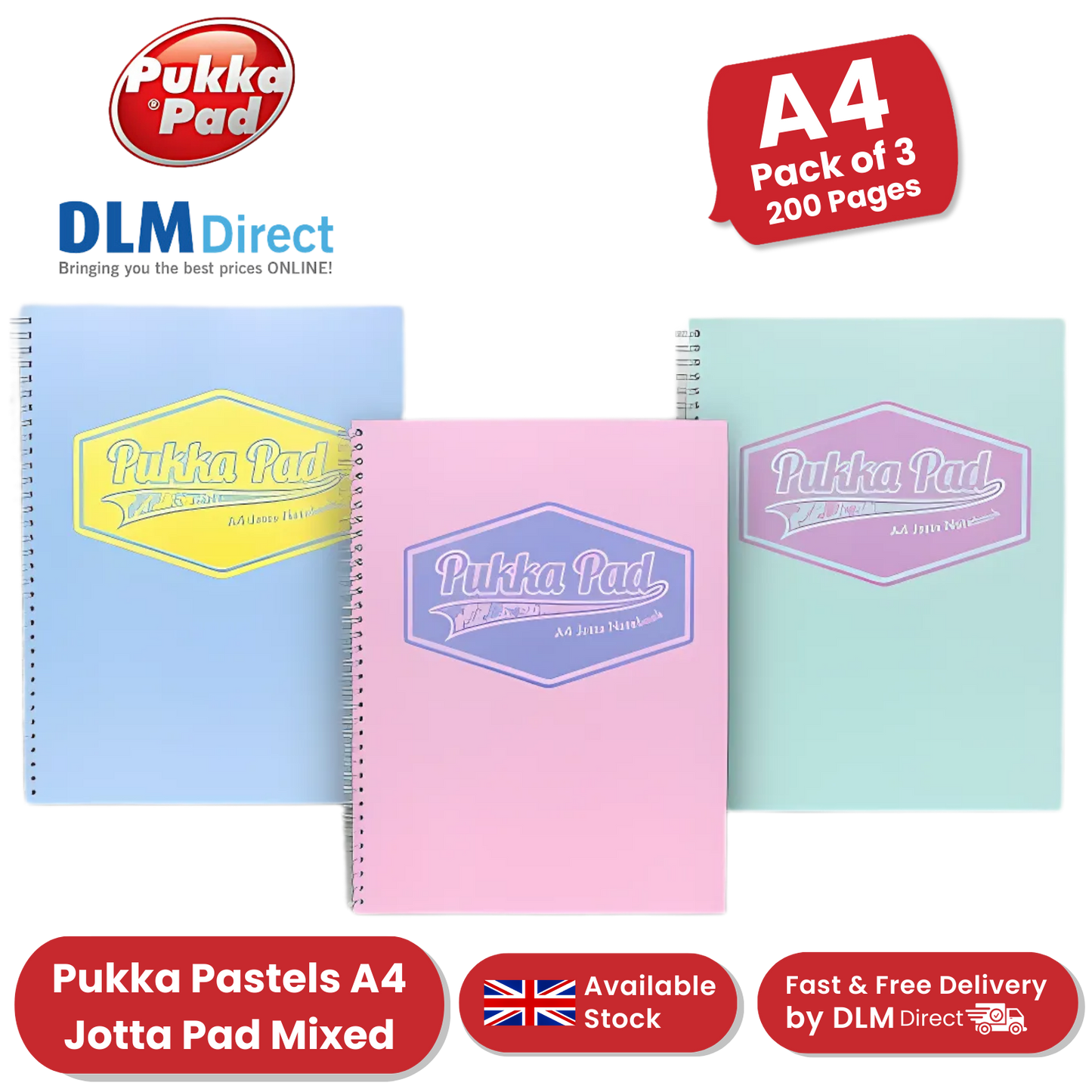 Pukka Pad Pastel Jotta Pad A4, Lined Notebook for School, Work & Notes Pack of 3