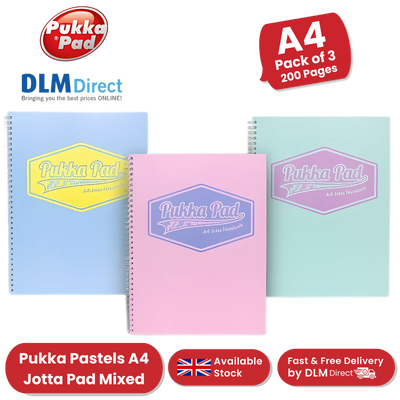 Pukka Pad Pastel Jotta Pad A4, Lined Notebook for School, Work & Notes Pack of 3