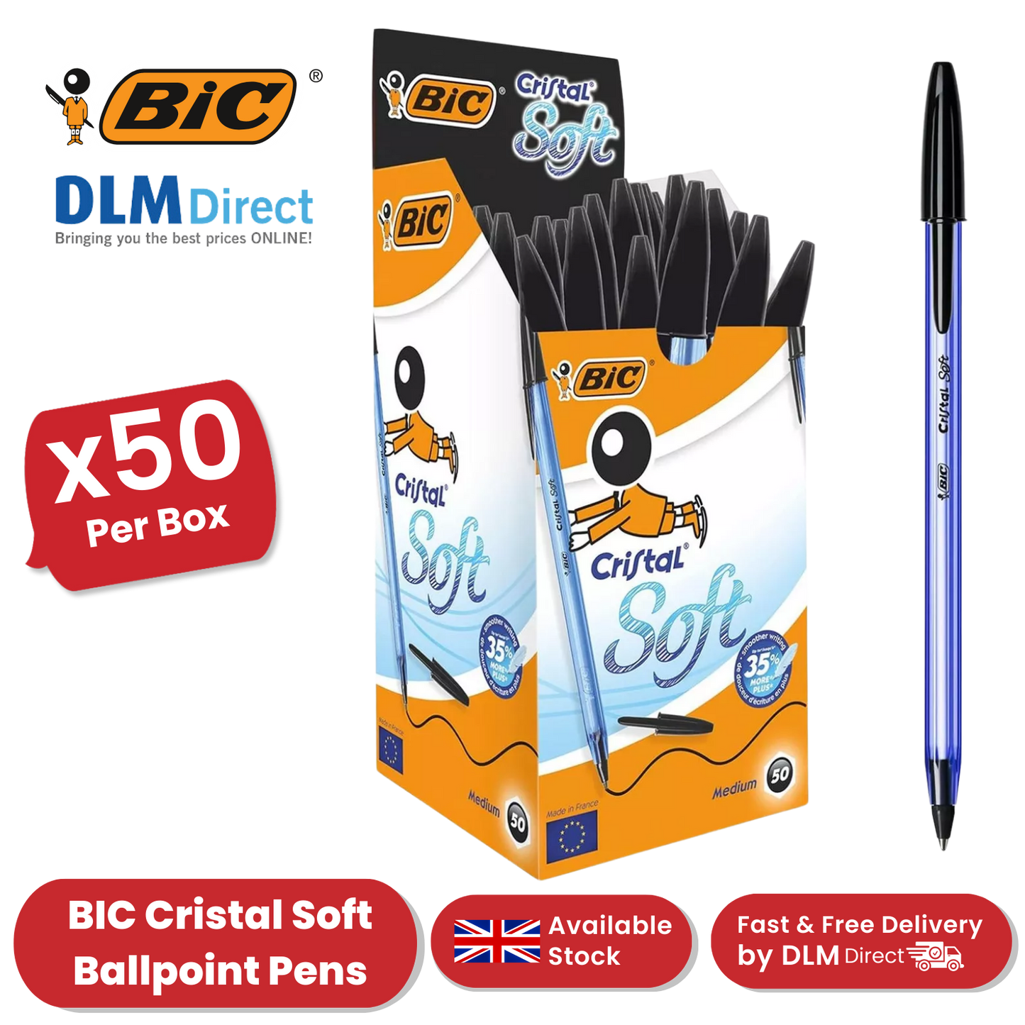 BIC Cristal Soft Black Ballpoint Pens, Smooth And Reliable Writing - Pack of 50