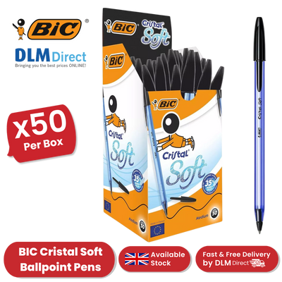 BIC Cristal Soft Black Ballpoint Pens, Smooth And Reliable Writing - Pack of 50