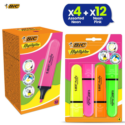BIC Highlighter Flat Marker Neon Pink Pack of 12 & 4x Assorted Chisel Tip Quick Dry