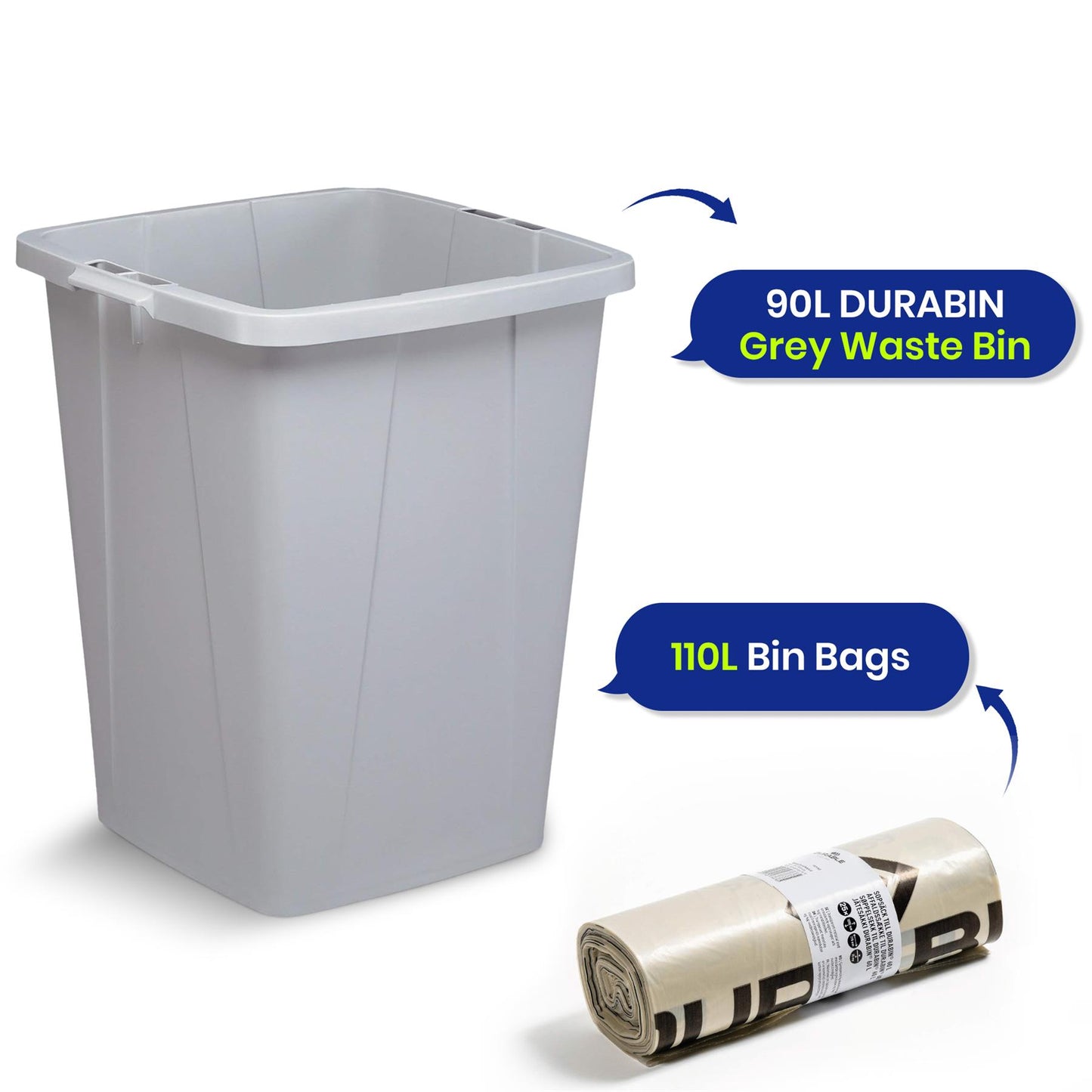 110L Bin Bags 25 Pack and 90L DURABIN Grey Waste Bin Bundle Strong Recycled Plastic Set