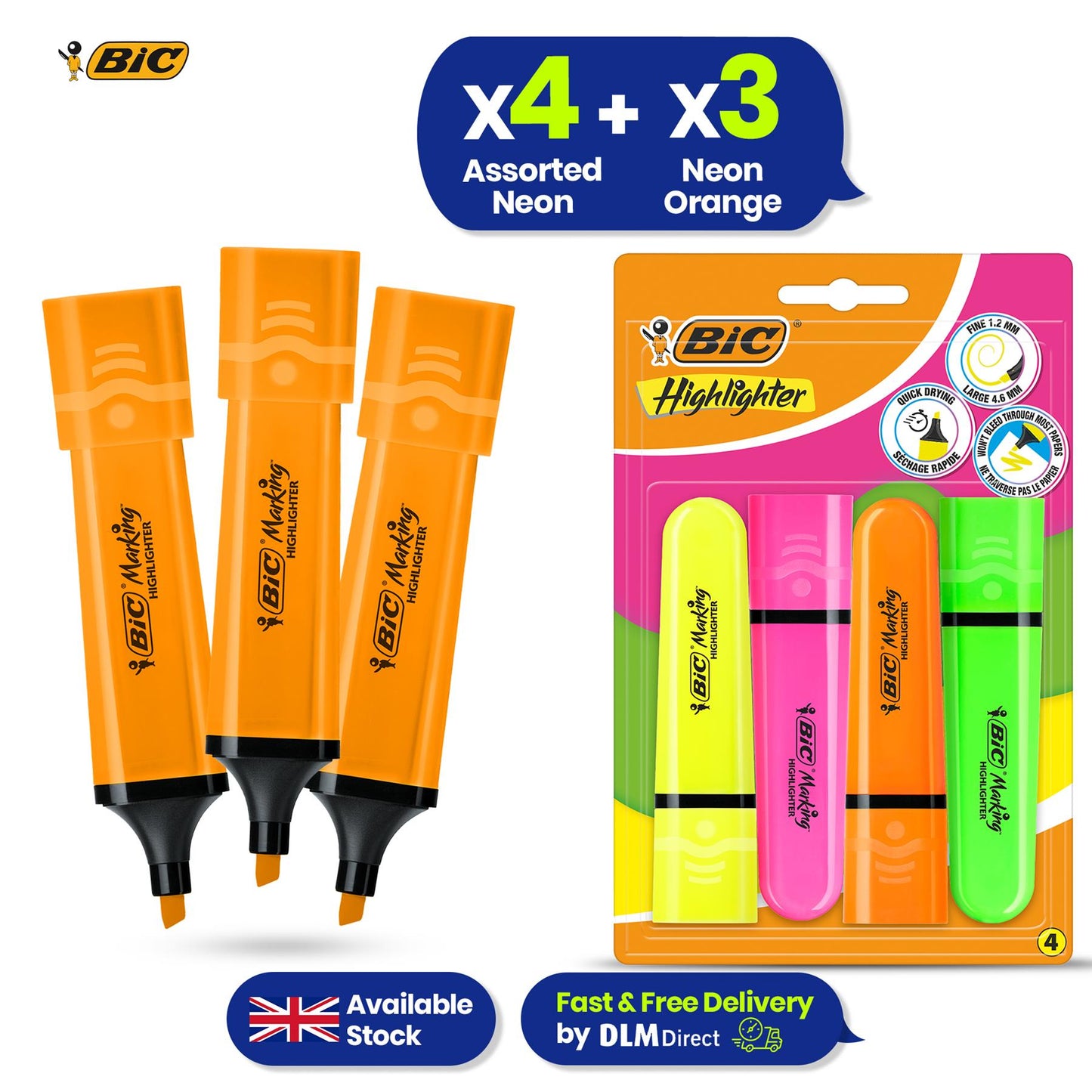 BIC Highlighter Flat Marker Neon Orange Pack of 3 & 4x Assorted Chisel Tip Quick Dry