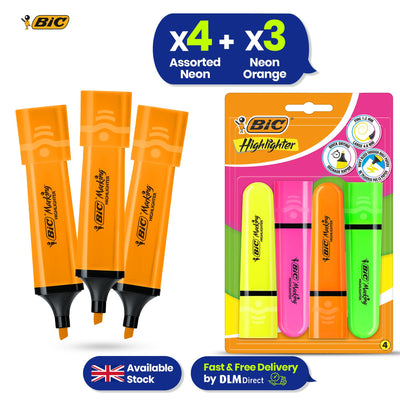 BIC Highlighter Flat Marker Neon Orange Pack of 3 & 4x Assorted Chisel Tip Quick Dry