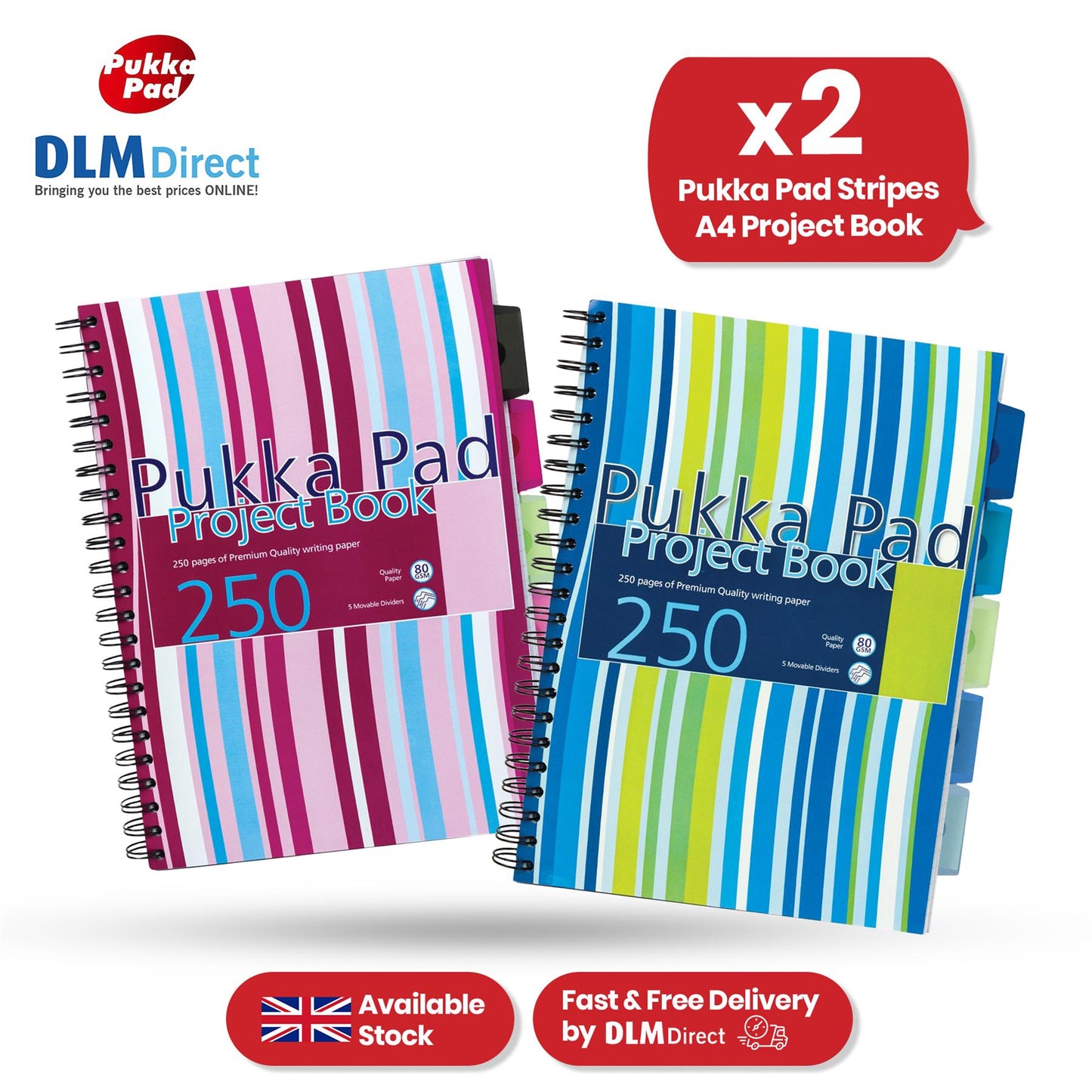 Pukka Pad Project Book - 250 Pages Assorted Colours Stripes A4 Notepad for School