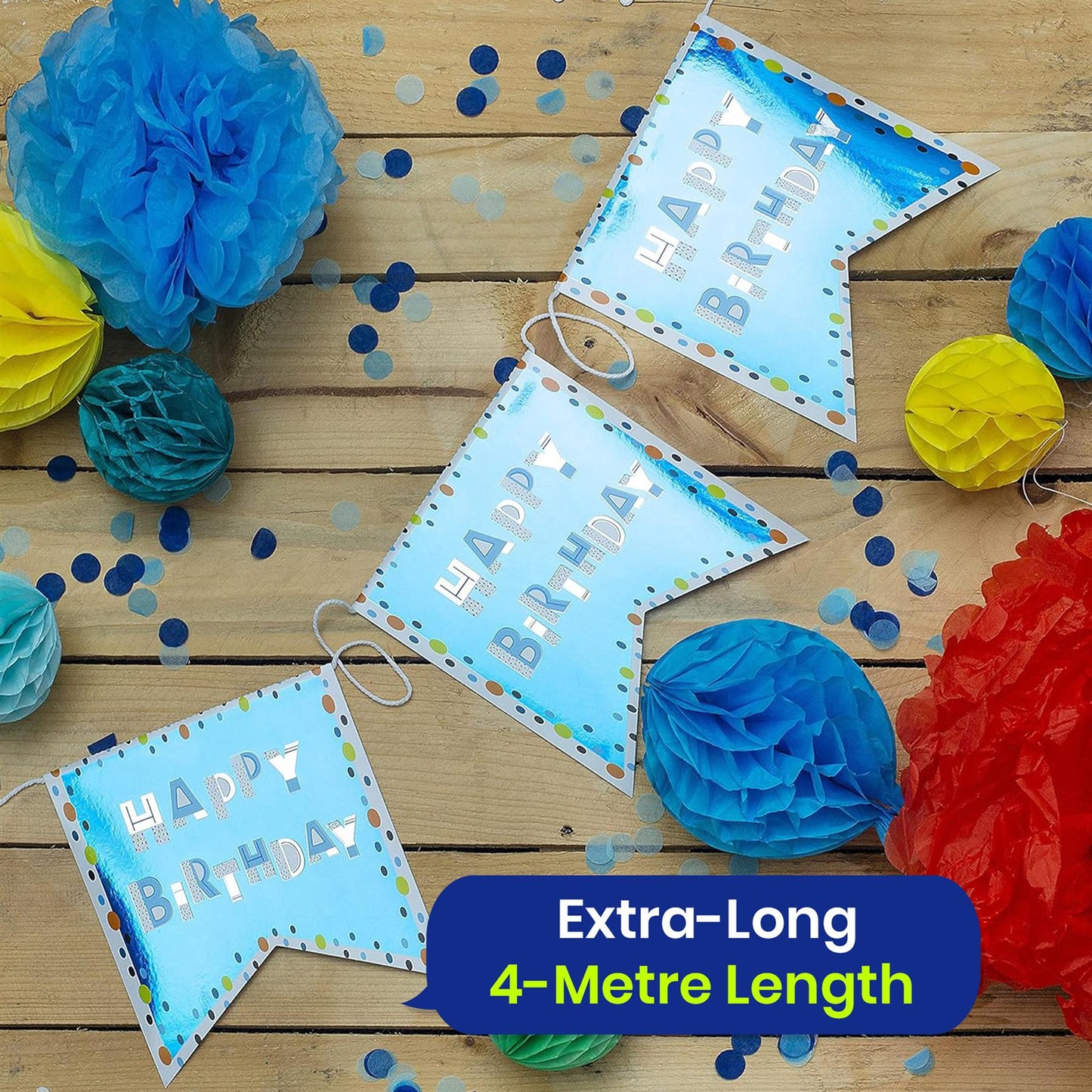Happy Birthday Blue Bunting 4M with 10 Flags Reusable Party Decoration