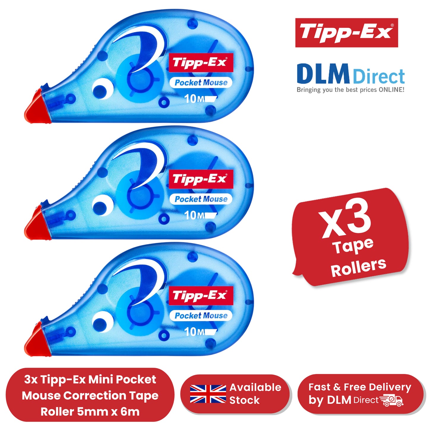 Tipp-Ex Pocket Mouse Correction Tape Roller 5mm x 6m - Pack of 3