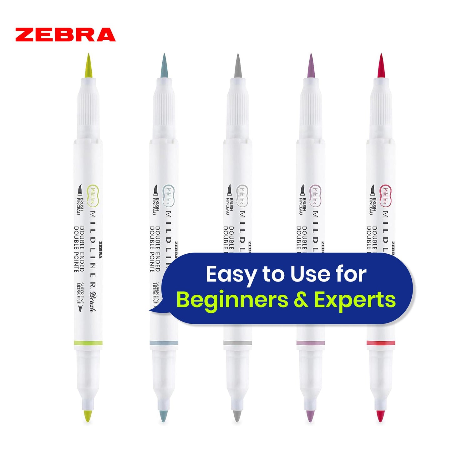 Zebra Dual Tip Brush Pens Mildliner Set of 5 Markers with Bullet and Brush Tips for Art and Journaling