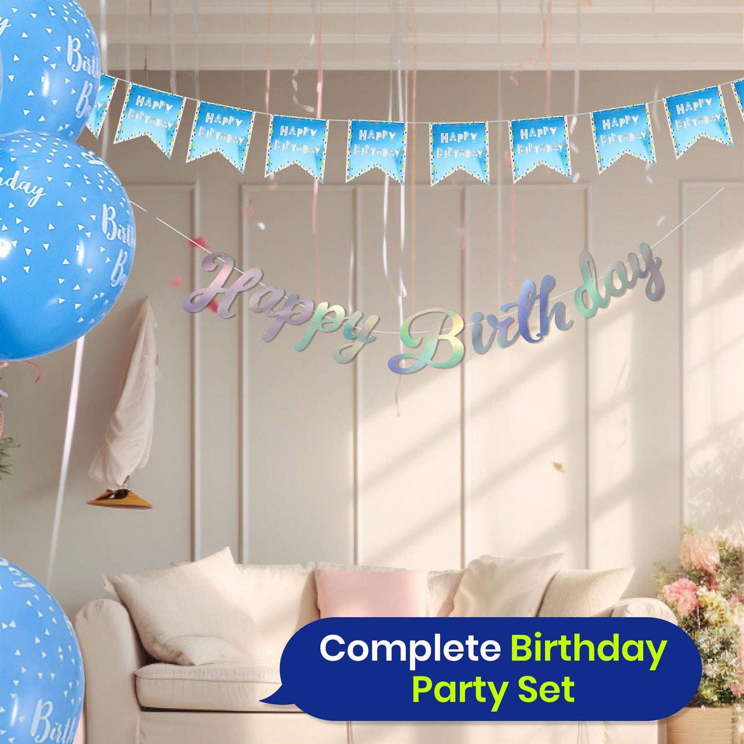 Blue Balloons Silver Garland and Bunting Birthday Party Decorations Set